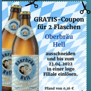 GRATIS 2 Flaschen Oberbräu Hell Bier kostenlos ohne MBW zum testen im Logo Getränkemarkt (nur 0,16€ Pfand)
