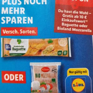 Gratis Baguette oder Bio Mozzarella bei Lidl mit der App ab 10 € Einkauf
