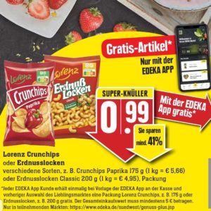 GRATIS &#034;*Lorenz Crunchips oder Erdnusslocken*, verschiedene Sorten&#034; bei Edeka-Südwest mit Edeka-App vom 19.-23.04.22 ab 5€ Einkauf