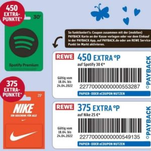 15% sparen durch 450 Payback-Punkte für Spotify-30€-Guthabenkarte bei Rewe bis 24.04.22 und 375 Punkte auf 25€-Nike-Karte