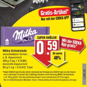 GRATIS &#034;Tafel *Milka Schokolade*, verschiedene Sorten&#034; bei Edeka-Südwest mit Edeka-App vom 11.-16.04.22 ab 5€ Einkauf