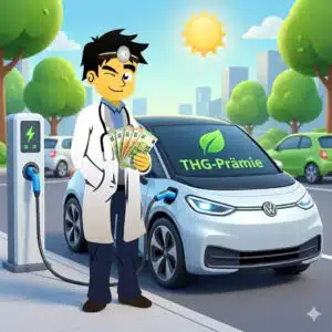 Der DealDoktor neben einem e-Auto, das auflädt. Der Doc hat Geld in der Hand und auf der Autoscheibe steht "THG-Prämie".