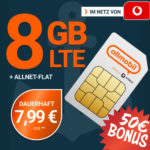 50€ Bonus! 📲 8GB LTE Vodafone Allnet für 7,99€/Monat (oder 10GB für 11,99€) - allmobil powered by otelo