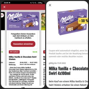 Milka Vanilla &amp; Chocolate Swirl Stieleis gratis bekommen. Dank Edeka App &amp; Scondoo
