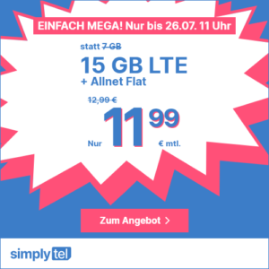 9,99€ AG! 📲 mtl. kündbare 15GB LTE + Allnet Flat für 11,99€ ⏰  max. bis zum 26.07., 11 Uhr (simplytel im o2-Netz)