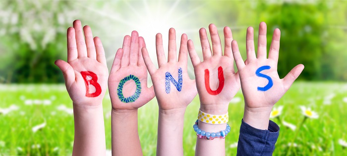 Children Hands Building Colorful Word Bonus. Sunny Green Grass Meadow As Background