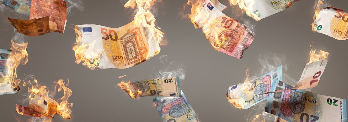 Burning Euro banknotes falling down
