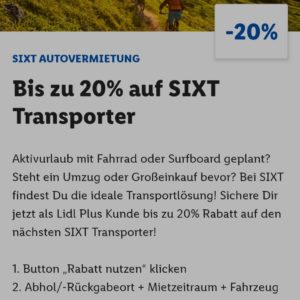 Sixt 20% Rabatt durch Lidl Plus