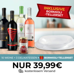 🎁 10 Weine + 3 Delikatessen + 12 Teller für 39,99€ + 10€ Bonus