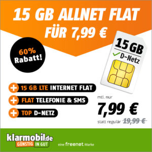 💥 15GB LTE Vodafone Allnet für nur 7,99€/Monat + 0,00€ AG (50 Mbit/s bei Klarmobil)