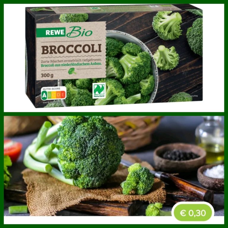 300 g Brokkoli aus dem Tiefkühlfach bei Rewe, für 0,74 ct (unter bestimmten