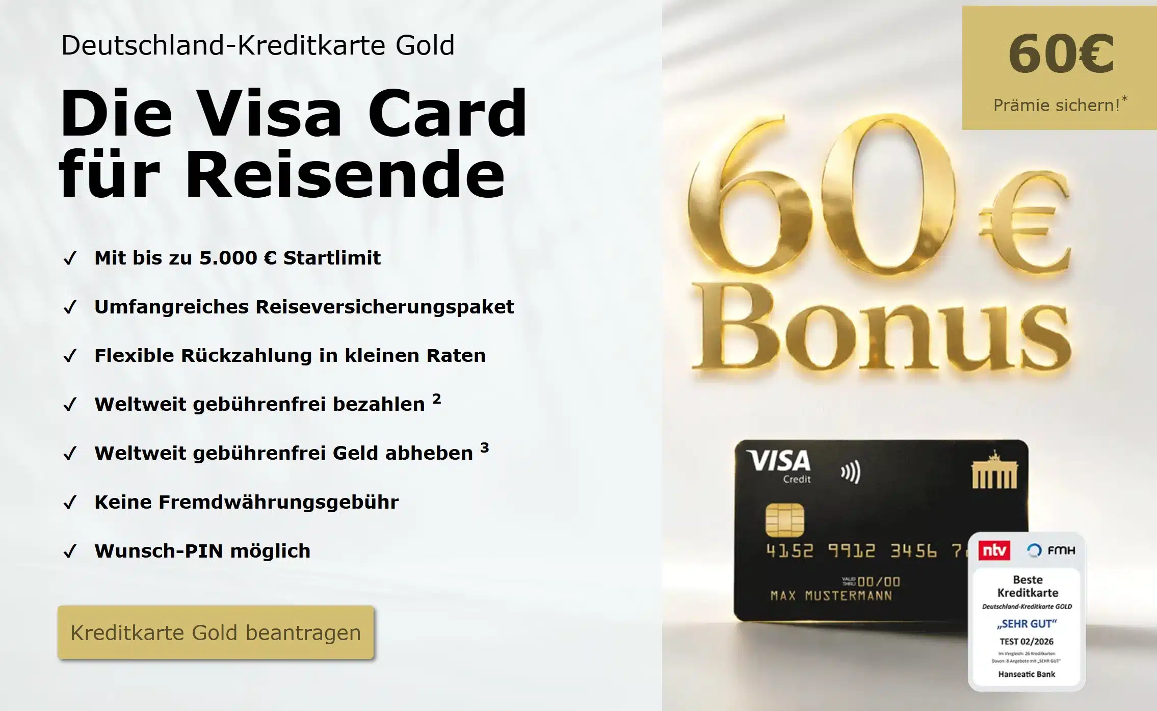 Deutschland Kreditkarte Gold Banner - die Visa Card für Reisende mit 60€ Bonus
