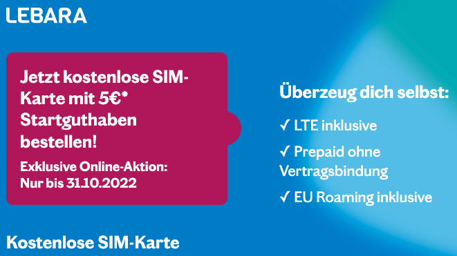 Noch besser! 🎁 GRATIS Lebara SIM-Karte + 5€ Startguthaben im  Telefónica-Netz (Prepaid, 3x bestellbar)