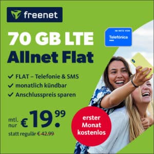 1. Monat gratis! 💥 mtl. kündbare 70GB LTE o2 Allnet für 19,99€/Monat + 20€ Startguthaben + 0€ AG (225 Mbit/s - freenet o2 Telefónica Allnet)