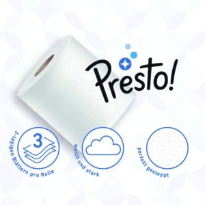 🧻 Presto! 3-lagiges Toilettenpapier mit 36 Rollen für 14,53€ (9 x 4 x 200 Blätter) | 180 Rollen für 66,65€