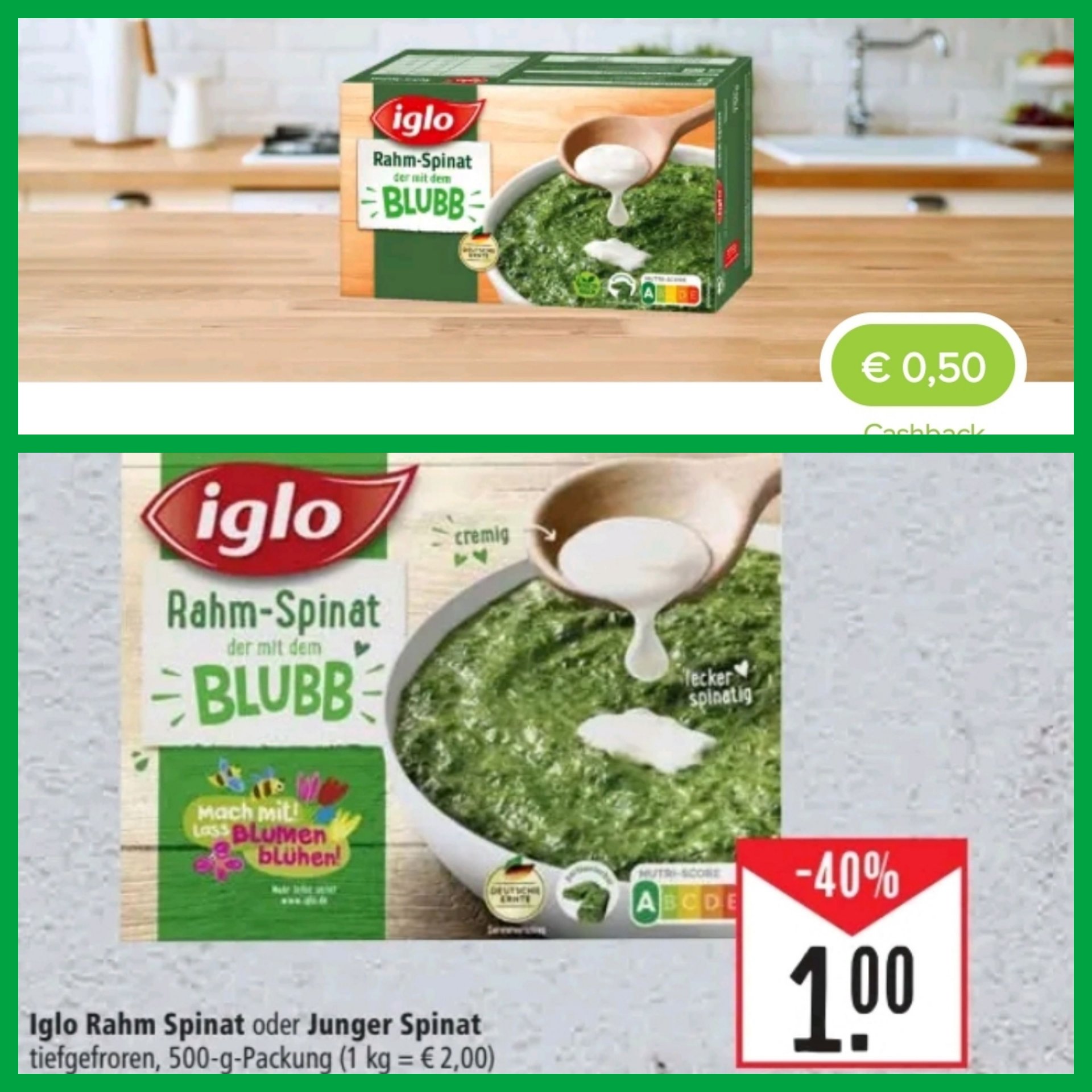 Iglo Rahmspinat für umgerechnet 50 ct bei Marktkauf Dank Marktguru