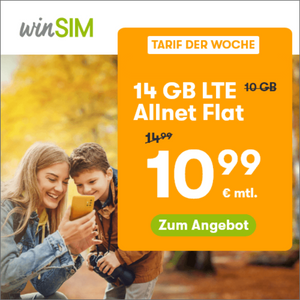 📲 mtl. kündbare 6GB LTE Allnet für 5,99€ / 8GB für 7,99€ / 14GB für 10,99€ / 60GB für 29,99€ ⏰ max. bis 21.11., 8 Uhr! (winSIM, o2-Netz)