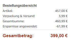399€ Gesamtbetrag an der Kasse bei Amazon