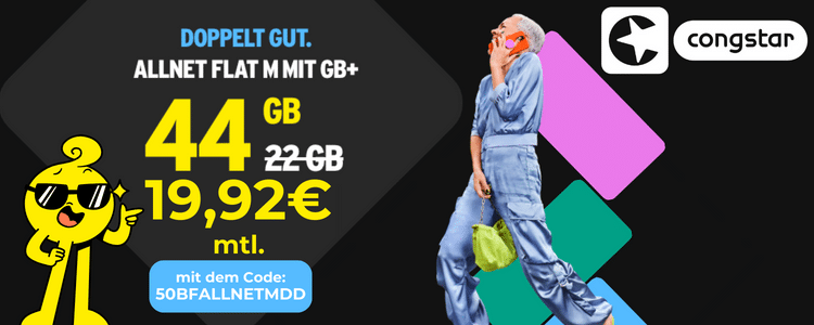 🤯 mtl. kündbare 44GB LTE Allnet für mtl. 19,92€ + 0,00€ AG + jedes Jahr  5GB mehr (congstar Allnet Flat M / Black Friday Deal)