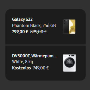Galaxy S22 + Samsung Waschmaschine / Geschirrspüler / Wärmepumpentrockner für 799€ (statt 1.191€ / 1.126€ / 1.299€)