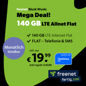 🔥 mtl. kündbare 140GB LTE (225 Mbit/s) o2 Allnet für 19,99€/Monat + 19,99€ Anschlusspreis (freenet green LTE)