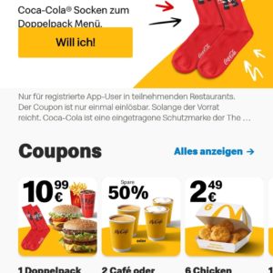 Coca Cola Socken gratis bei McDonalds zum Doppelpack Menü nur in der App