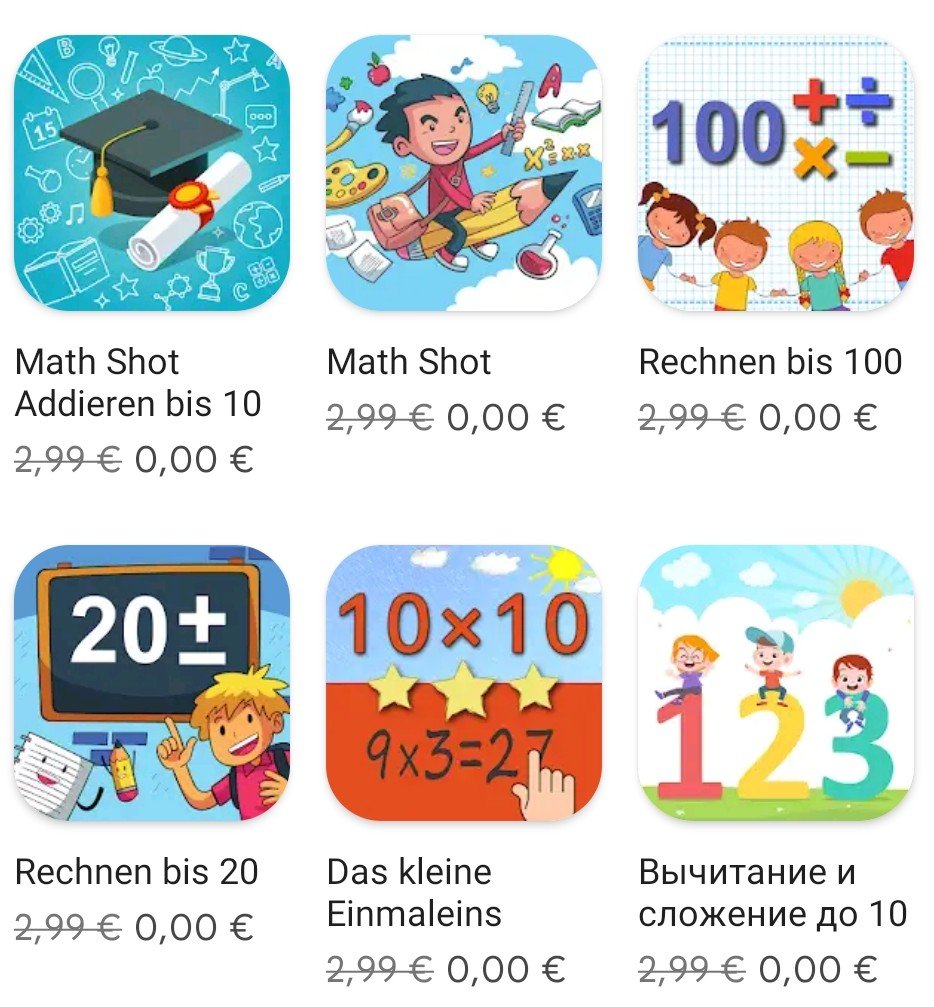 50 verschiedene Mathe/RechnenLernApps kostenlos von Sergey Malugin vom 1 x 1 bis zur 6. Klasse