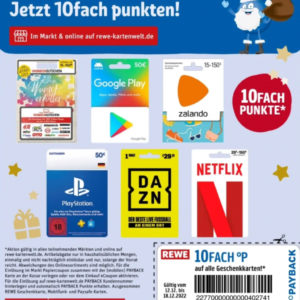 Rewe Kartenwelt: 10fach Payback Punkte auf Wunschgutschein, Google Play, Zalando, Playstation, DAZN, Netflix