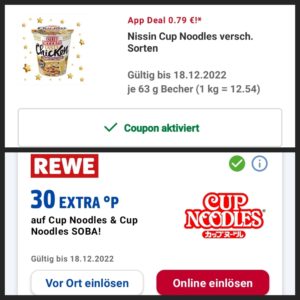 Cup Noodles & Cup bei Rewe, dank Payback & Rewe App, effektiv für 49 ct - ggf personalisiert!!