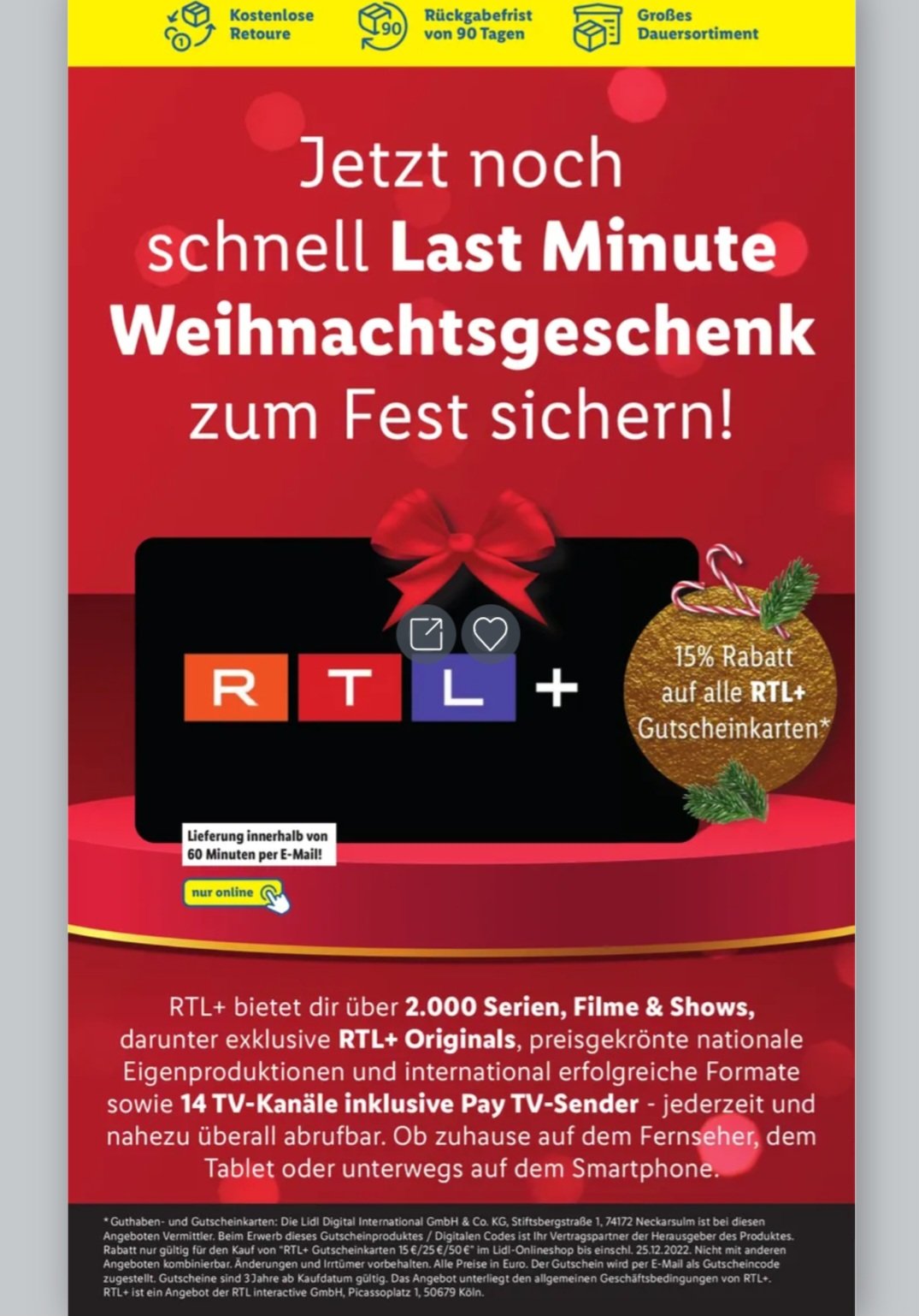 15% auf RTL Plus Gutscheinkarten im Lidl Onlineshop