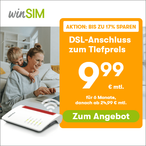 Erste 6 Monate für 9,99€/Monat 📶 danach DSL Anschluss dauerhaft ab 24,99€/Monat (winSIM mit bis zu 250 Mbit/s | 1&amp;1)