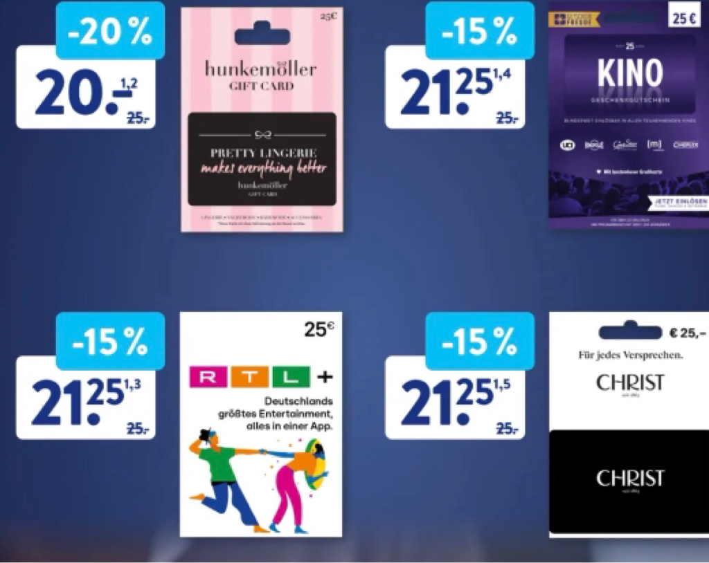 Aldi-Süd: Geschenkkarten vergünstigt (Hunkemöller, Kino, RTL+ und Christ)