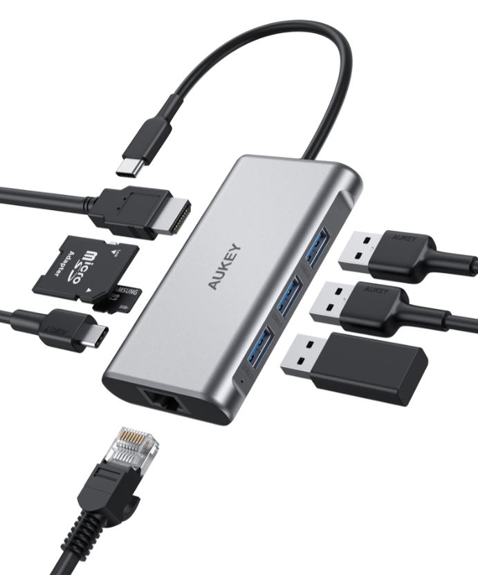 8-in1-USB-C-Hub mit Aukey Schriftzug