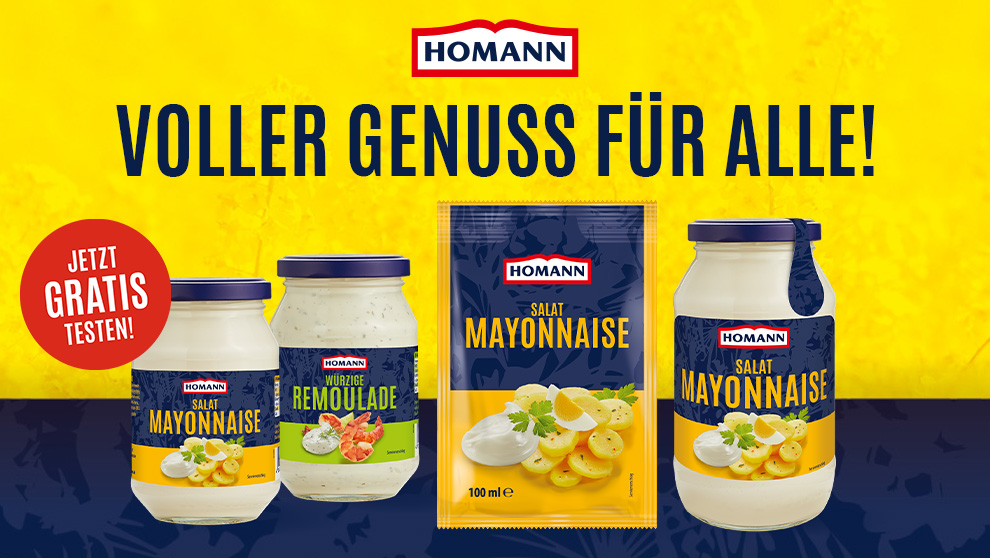 Homann Mayonnaise und Remoulade mit Gratis-testen-Banner