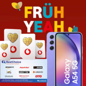 57€ Ersparnis! 🔴 Samsung Galaxy A54 für 1€ + Vodafone Red+ Zusatzkarte mit 5GB 5G / LTE für 19,99€/Monat (nur für Vodafone Mobilfunk-Kunden mit RED-Tarif)