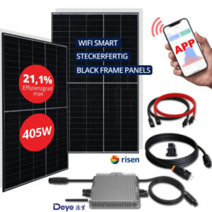 Balkonkraftwerk Set ⚡️ 2x RISEN Solarpanels 410W (820W) + DEYE SUN800 Mikrowechselrichter (kostenlose Drosselung auf 600W möglich) + Endkappe & Schuko Anschlusskabel