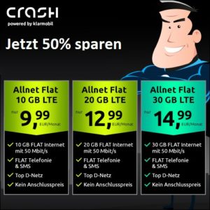 📲 30GB LTE Vodafone Allnet für 14,99€/Monat + 0,00€ AG (oder 20GB für 12,99€ | 10GB für 9,99€) - Crash / Klarmobil