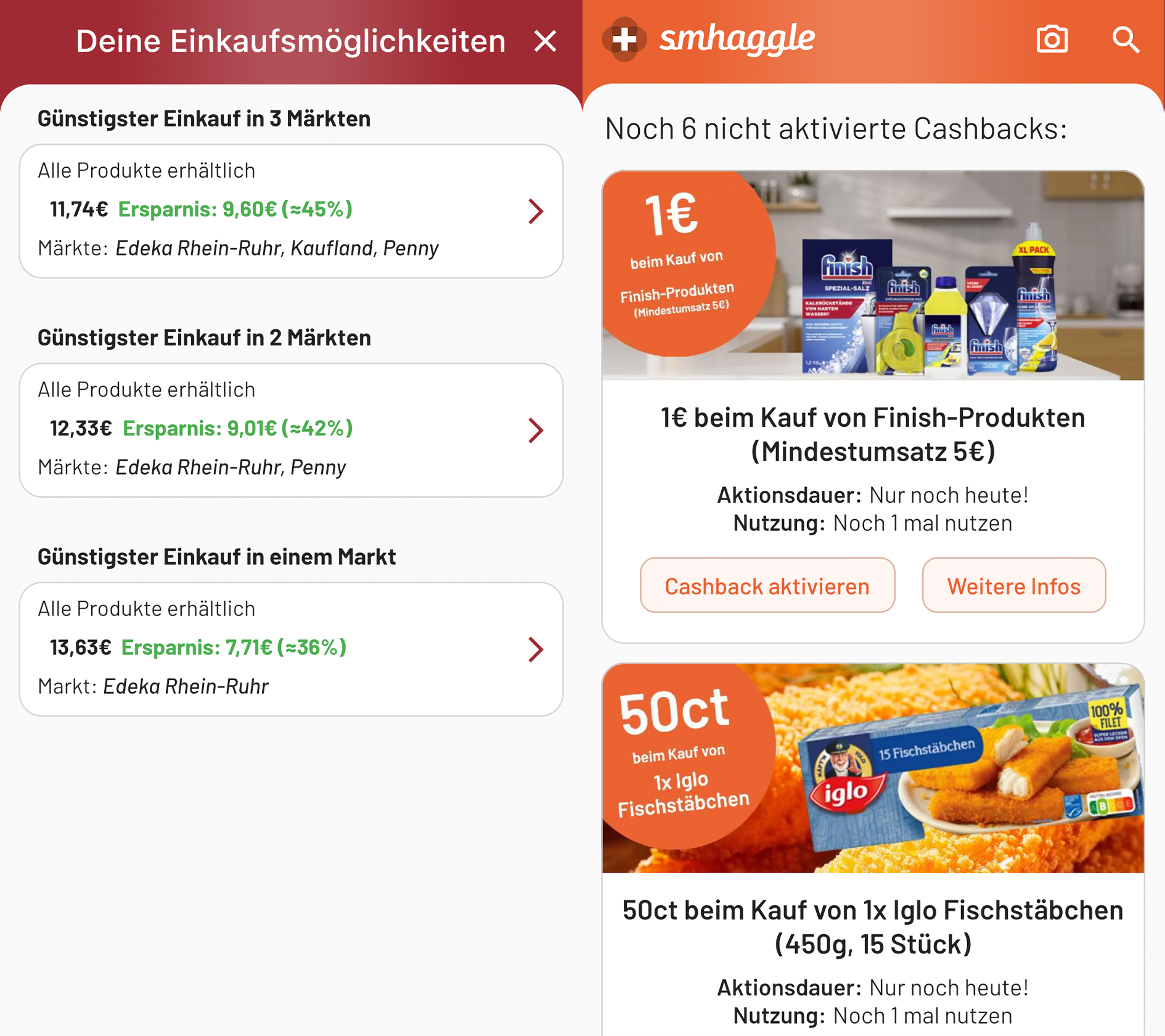 Smhaggle schlägt euch die besten Supermärkte für euren Einkauf vor und bietet eigene Cashback-Aktionen an