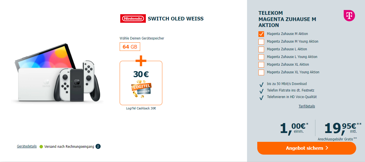 🎮 Telekom Magenta Zuhause M für eff. 37,20€/Monat + Nintendo Switch OLED für 1€ + 30€ Cashback