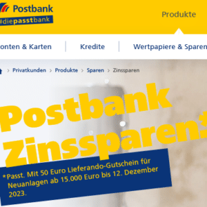 Postbank Zinssparen: 50€ Lieferando-Gutschein für Neuanlagen ab 15.000€ - 3,75% Zins p.a. - Festzins für 12 Monate