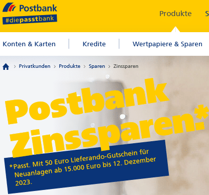 Postbank Zinssparen mit Lieferando-Gutschein 50€