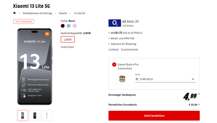 Tarif eff. GRATIS! 🚀 Xiaomi 13 Lite 5G (128GB) für 4,99€ + Xiaomi Buds 4  Pro + 13GB LTE 5G o2 Allnet für 19,99€/Monat (o2 Basic 20)