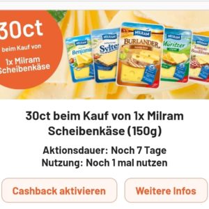 30 bzw 35 ct Cashback auf Milram Käsescheiben bei Smhaggle