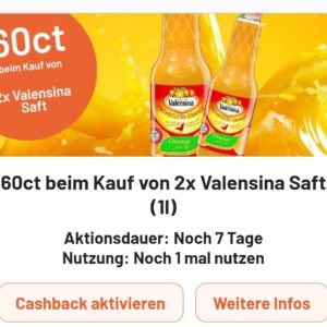 60 bzw 65 ct Cashback auf Valensina Säfte von Smhaggle