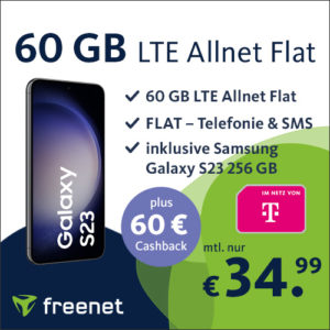 🚀 Samsung Galaxy S23 (256GB) für 79,99€ + 60€ Cashback + 60GB Telekom Allnet Flat für 34,99€ mtl. + 0,00€ AG (freenet Telekom green LTE)