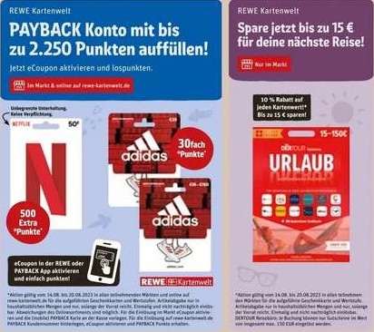 REWE: 500 / 10% auf Geschenkkarte Netflix-Geschenkkarte Geschenkkarte die auf / 30-fach Adidas \