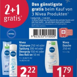 2+1 gratis: z. B. 3 Nivea Deo für je 1,33€ statt 2,49€ bei Rossmann mit 2+1 gratis- + 10%-Coupon oder bei Kaufland für 1,46€