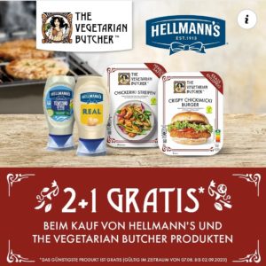 Beim Kauf von 3 Produkten von "The Vegetarian Butcher" oder "Hellmann" das günstigste Produkt geschenkt bekommen- nur bei Rewe!!- (2+1)
