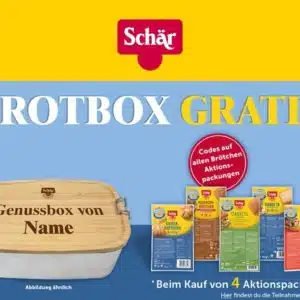 Schöne Brotdose mit Namensgravur ( auf Wunsch ) gratis, beim Kauf von 4 Brot/Brötchenprodukte ( Aktionsprodukte ) der Marke Schär