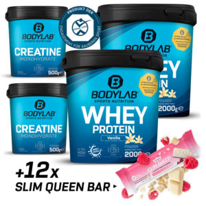 4 kg Whey Protein, 1 kg Kreatin + 12x60g GQ Slim Bars für 84,98€ (statt 170€)